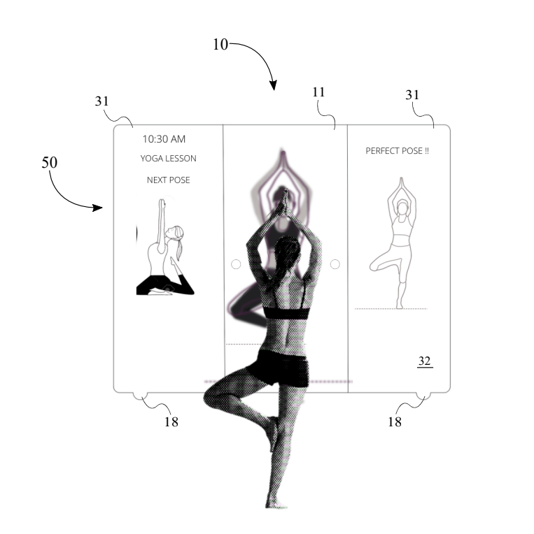 Patent figure: mirror display coaching a yoga pose